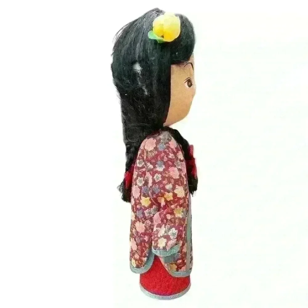 VTG Mid Century Handmade Painted Chinese Peg Doll with Red Floral Robe